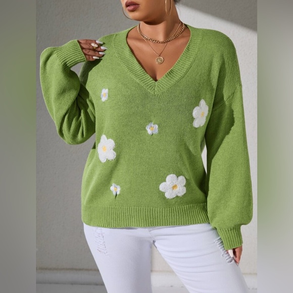 Shein Curve 3X Lime Green Daisy Embroidered V-Neck Sweater NWOT - Picture 4 of 11